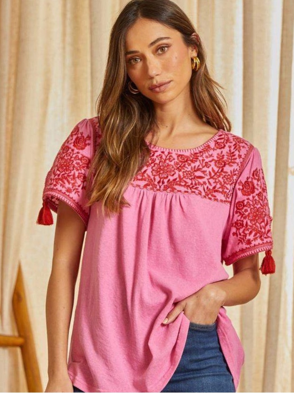 Savanna Jane Pink Peasant Too Red Floral Embroidery Sz S